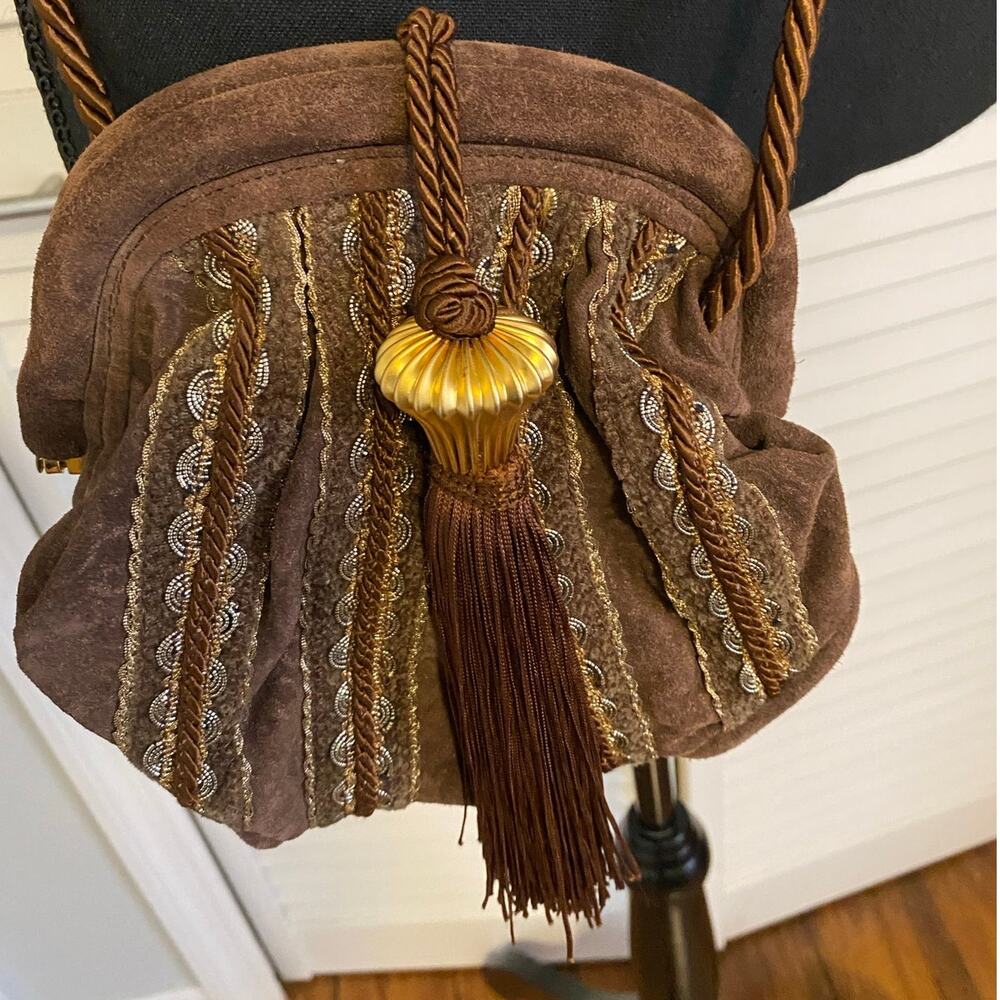 BRIZZOLARI Brown SUEDE Leather CROSSBODY Tassel Purse Made in‎ Italy